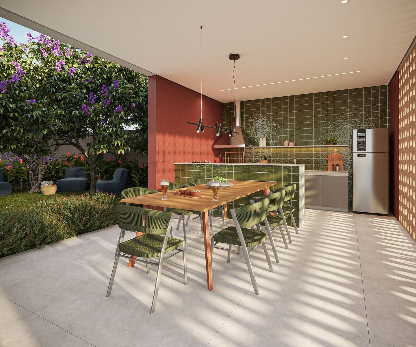 Churrasqueira com mesa coletiva e jardim