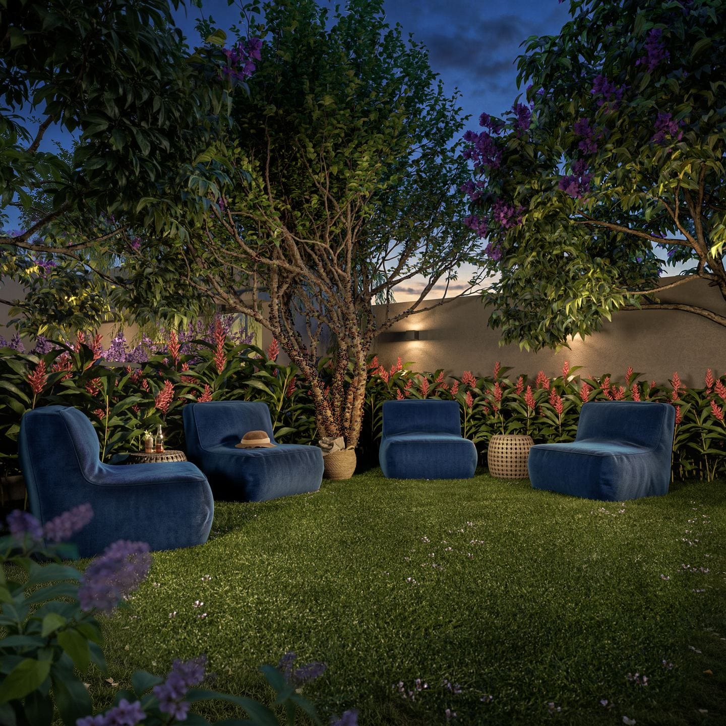 Jardim de estar ao anoitecer